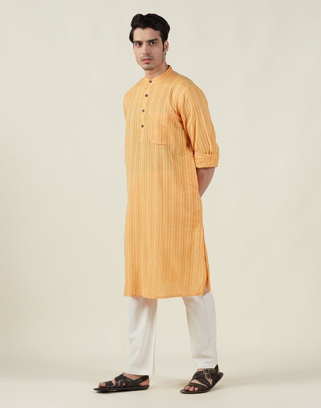Fabindia Men's Long Kurta Cotton Jamaal Stripe Comfort Fit | Yellow - S