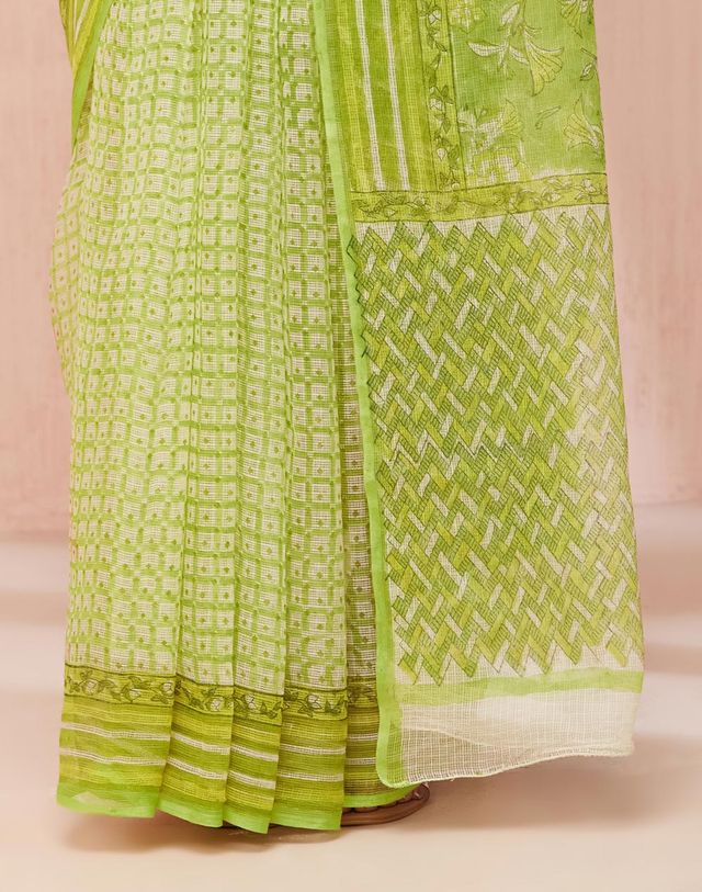 Fabindia Women's Sari Hand Block Printed Silk | Green