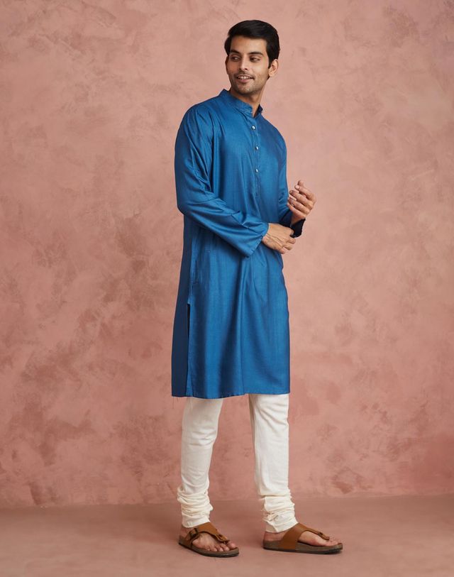 Fabindia Men's Long Kurta Viscose Silk Slim Fit | Blue - L