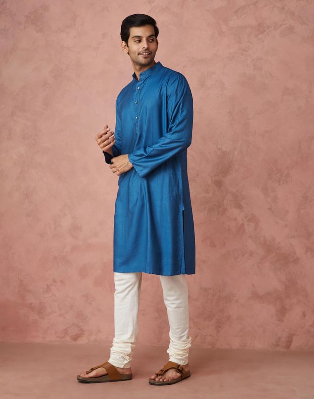 Fabindia Men's Long Kurta Viscose Silk Slim Fit | Blue - L