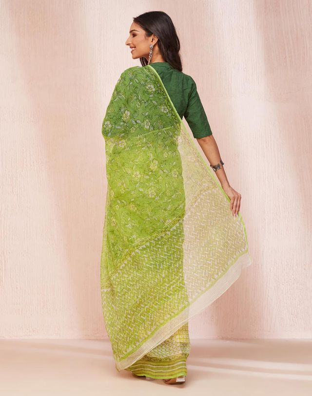 Fabindia Women's Sari Hand Block Printed Silk | Green