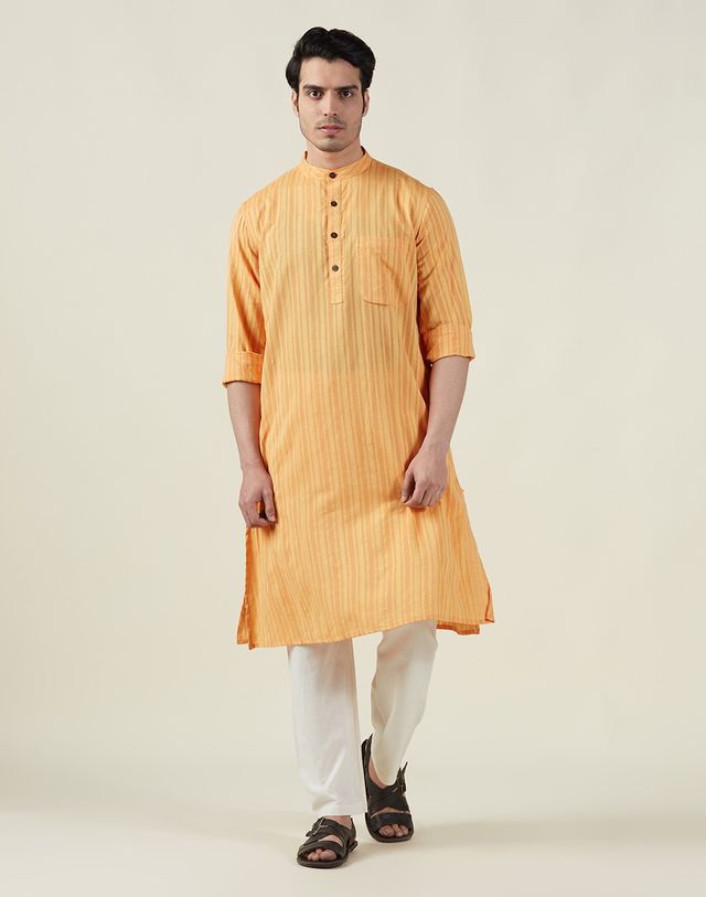 Fabindia Men's Long Kurta Cotton Jamaal Stripe Comfort Fit | Yellow - S