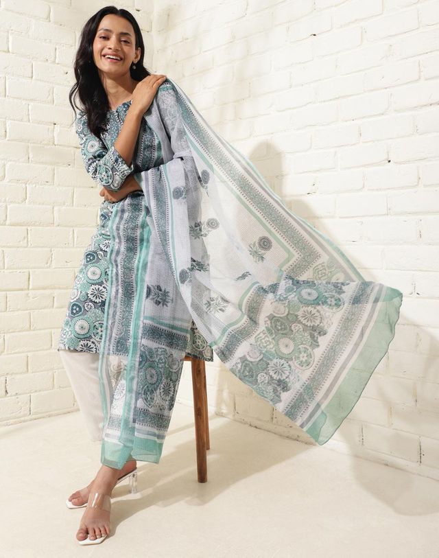 Fabindia Women's Dupatta & Kurta Set Cotton Printed | Blue - L