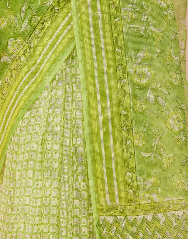 Fabindia Women's Sari Hand Block Printed Silk | Green