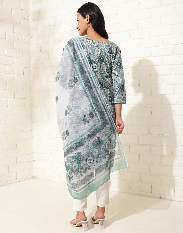 Fabindia Women's Dupatta & Kurta Set Cotton Printed | Blue - L