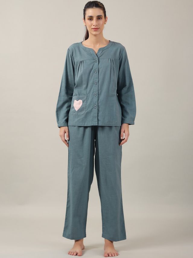 Sanskrutihomes Women's Solid Cotton Nightwear | Teal - 2XL