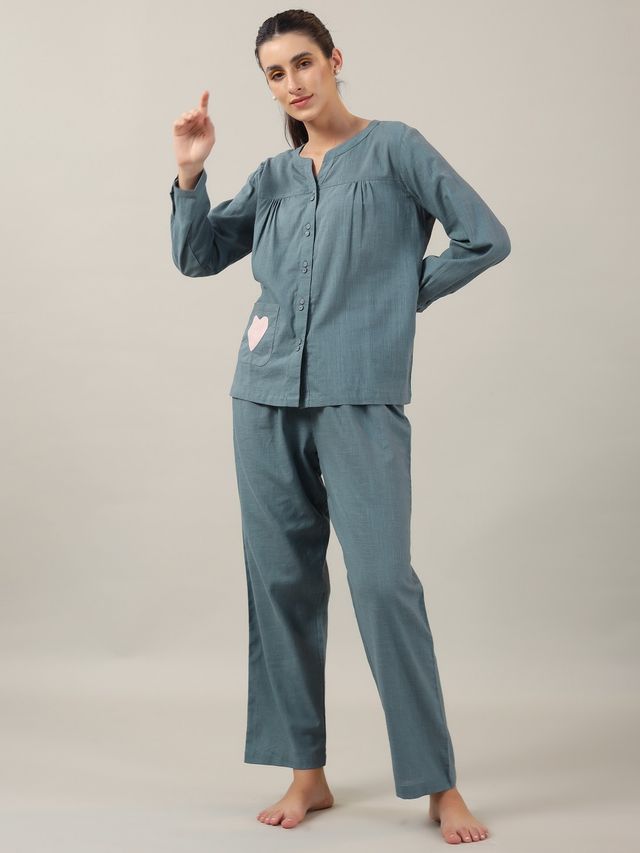 Sanskrutihomes Women's Solid Cotton Nightwear | Teal - 2XL