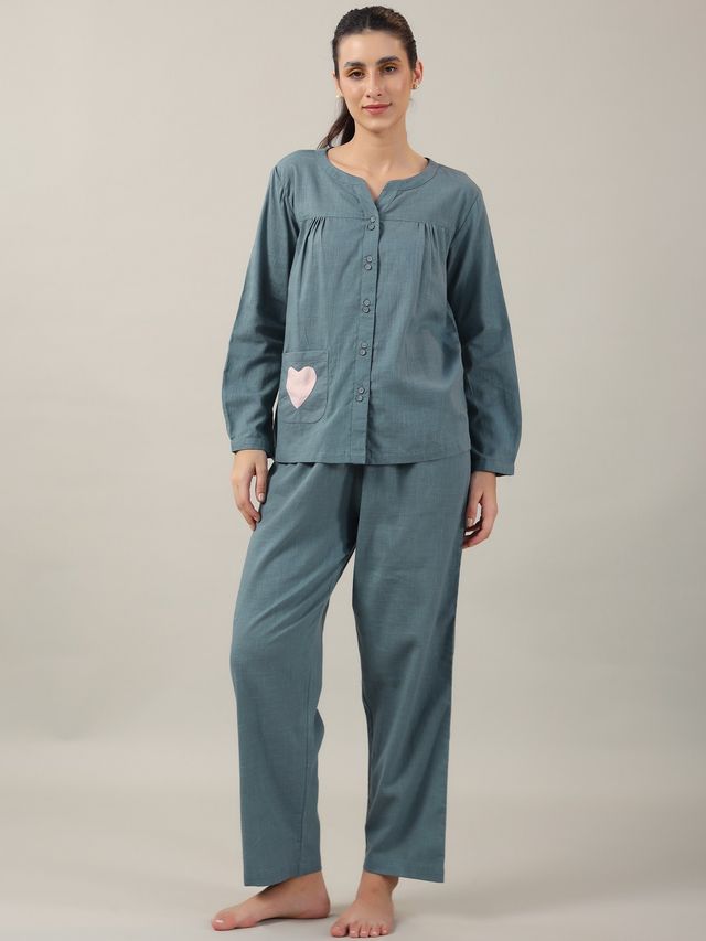 Sanskrutihomes Women's Solid Cotton Nightwear | Teal - 2XL