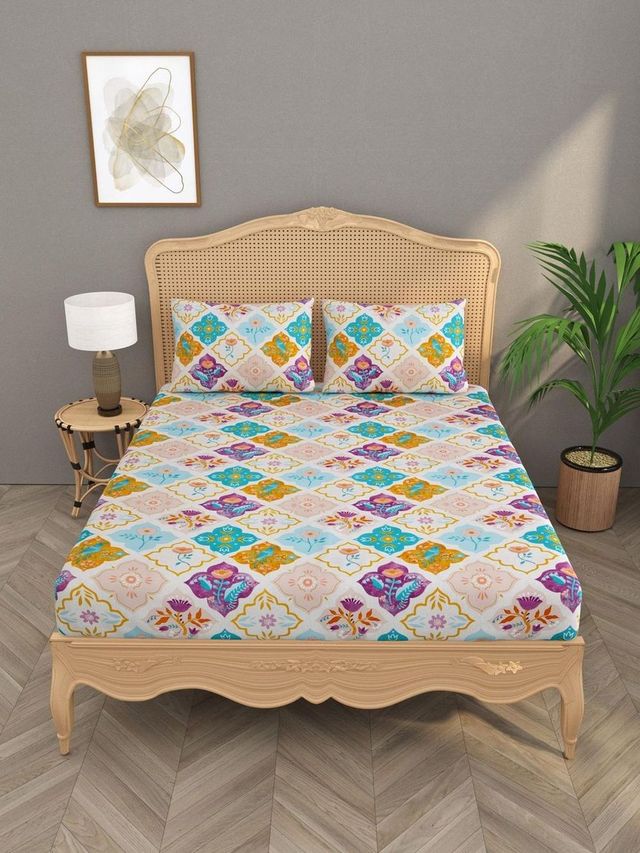 House Of Gulab 100% Cotton Double Bedsheet Floral - Purple