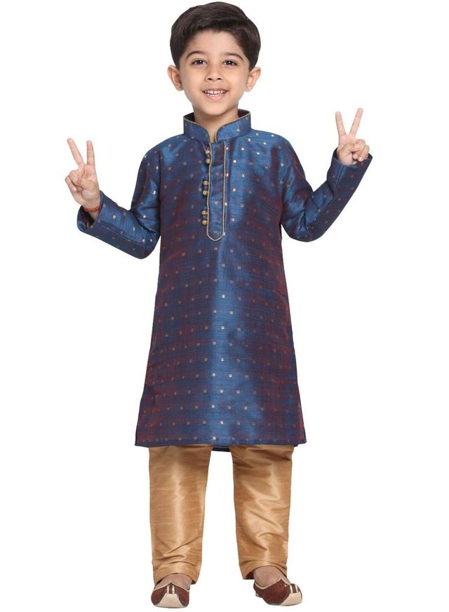 Vastramay Boy's Silk Blend Kurta Pyjama Set | Persian Blue & Rose Gold - 9 to 10 years