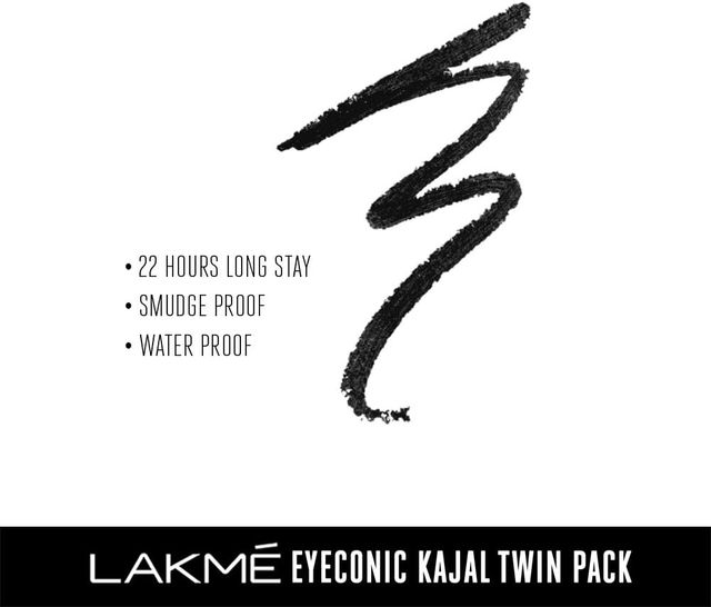 Lakme 9 to 5 Eyeconic Kajal Twin Pack, lasts upto 24hrs, Pack of 2- Deep Black