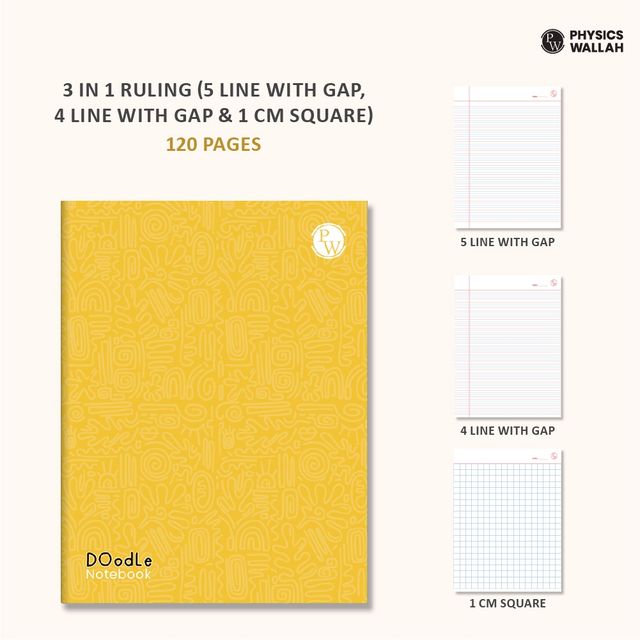 PW Doodle Notebook | 120 pgs | 5 Line with Gap, 4 Line with Gap & 1 cm Square | Set of 6 | Yellow