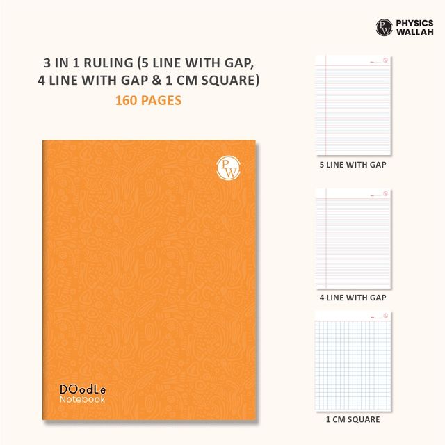 PW Doodle Notebook | 160 pgs | 5 Line with Gap, 4 Line with Gap & 1 cm Square | Set of 6 | Orange