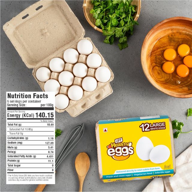 UPF Healthy White - Large Eggs, 6 Pieces | Protein Rich | Veg Feed | Infertile