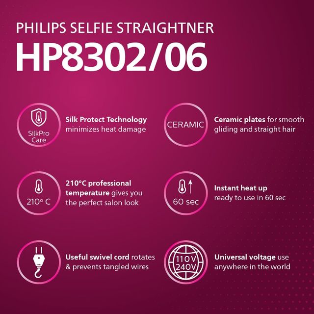 Philips Selfie Hair Straightener|Minimized Heat Damage with SilkPro Care|Ceramic Plates|HP8302/06