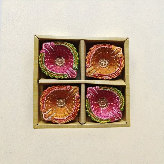 Shruti Creations Marigold Decorative Clay Diya - Pack Of 4