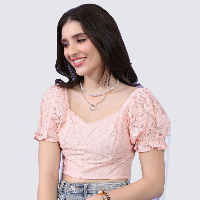 Tokyo Talkies Women's Floral Self Design Puff Sleeves Fitted Crop