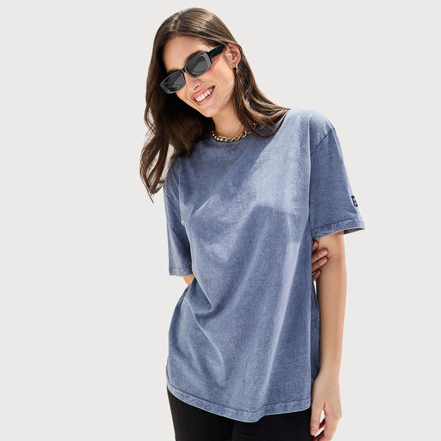 Styli Women's Oversized Acid Wash T-shirt with Badge Detail - Buy