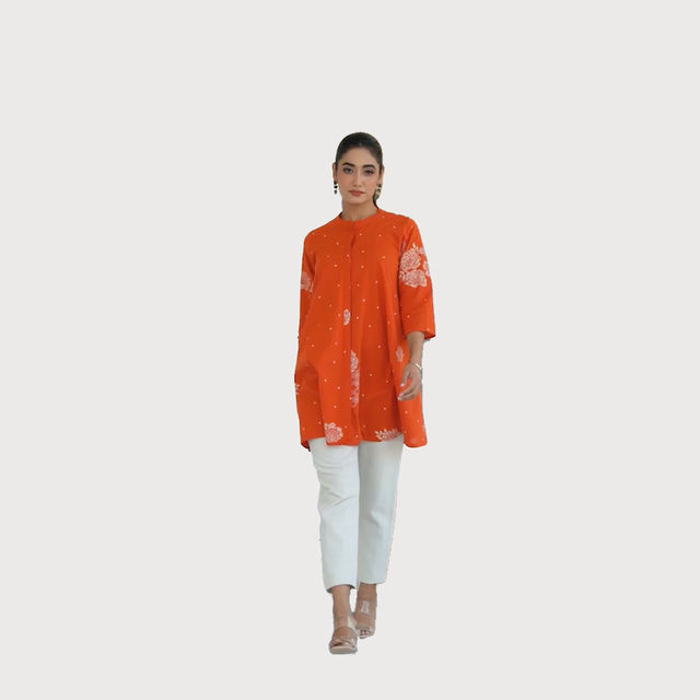 Janasya Women s Orange Pure Cotton Floral Printed Flared Tunic