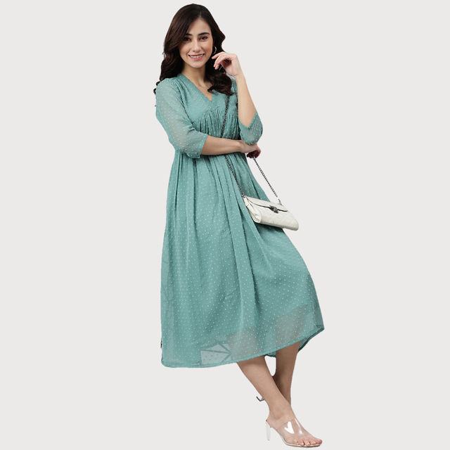 slim fit dress slacks IQRAAR Women Rayon V Neck Fit & Flared Western Wear Dress main image 1