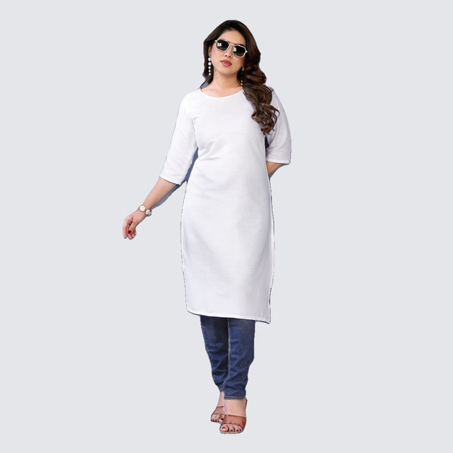Riglozi White 3/4 Sleeves Cotton Made White Long Round Neck