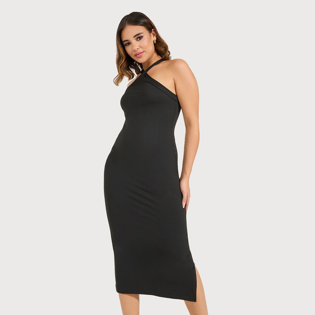 Buy Styli Women's Casual Wear Halter Neck Solid Sleeveless Bodycon Midi  Dress | Black - M Online - Price @ 1050 | Instant Delivery | Zepto