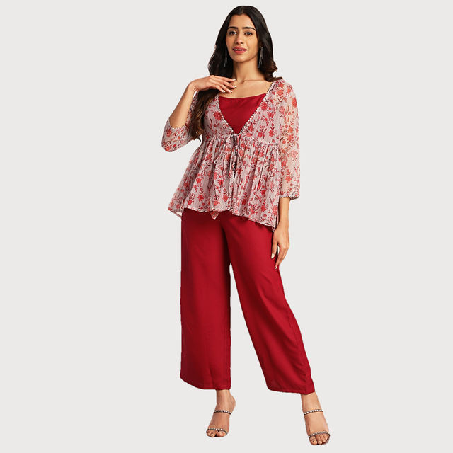 Janasya Women's Wine Crepe Solid Crop Top with Pant and Jacket