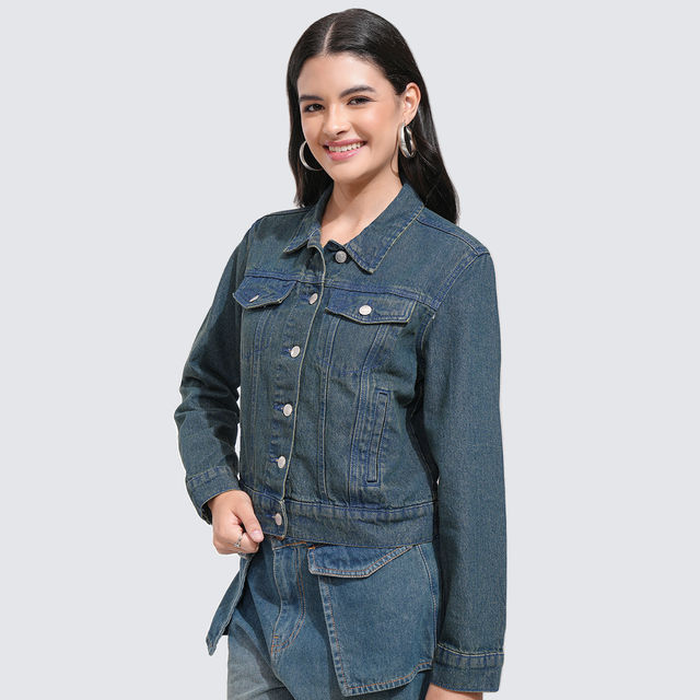Buy Tokyo Talkies Women's Solid Denim Jacket | Mid Blue - L Online
