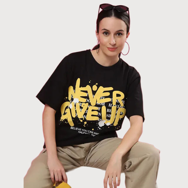 Buy Rigo Women Terry Oversized Front Printed T-shirt | Black - M