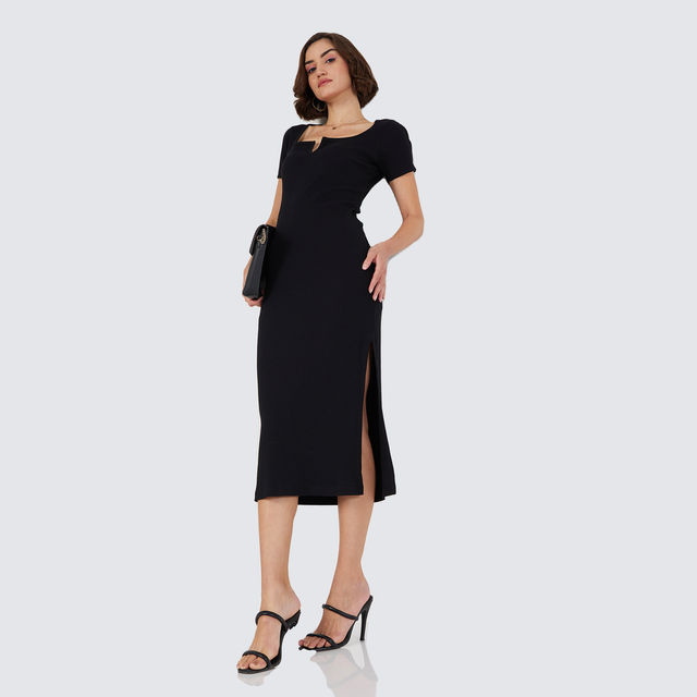 knee length dresses for ladies Buy Women Black Sweetheart Neck Midi Dress With PU Belt Online at Best  Price main image 0