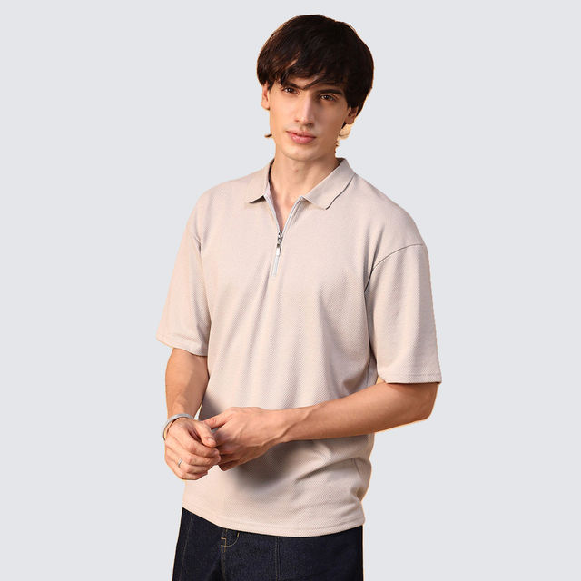 Buy Campus Sutra Men's Solid Oversized Polo T-shirt | Beige - M