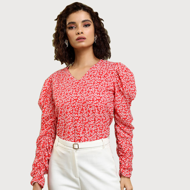 Buy Tokyo Talkies Women's Floral Printed Puff Sleeve Top | Red - M