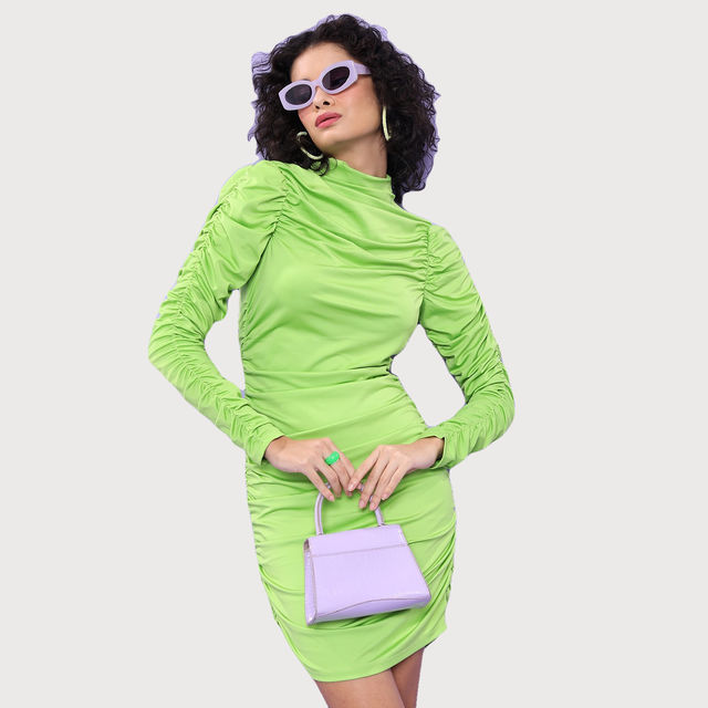 Buy Ketch Women's High Neck Puff Sleeve Gathered Ruched Bodycon Dress |  Green - L Online - Price @ 286 | Instant Delivery | Zepto