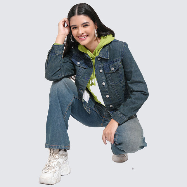 Buy Tokyo Talkies Women's Solid Denim Jacket | Mid Blue - M Online