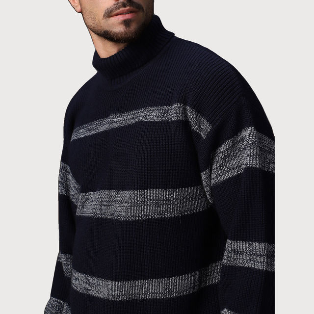Buy High Star Men's Striped Pullover | Black & Grey - L Online Buy High Star Men's Striped Pullover | Black & Grey - L Online