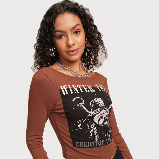 Buy Tokyo Talkies Women's Rust Printed Boat Neck Full Sleeve Crop