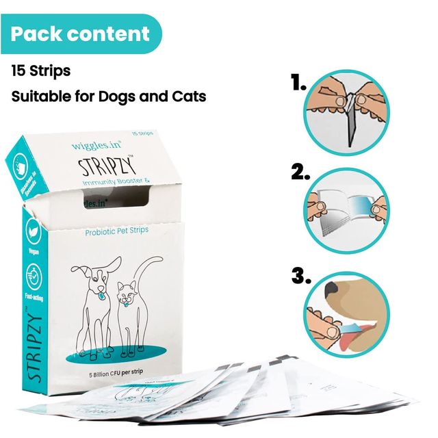 Wiggles Stripzy Immunity Booster Probiotics Dogs Cats Pet Ashwagandha Brahmi Health Strips (Blue Berry) 15 Strips