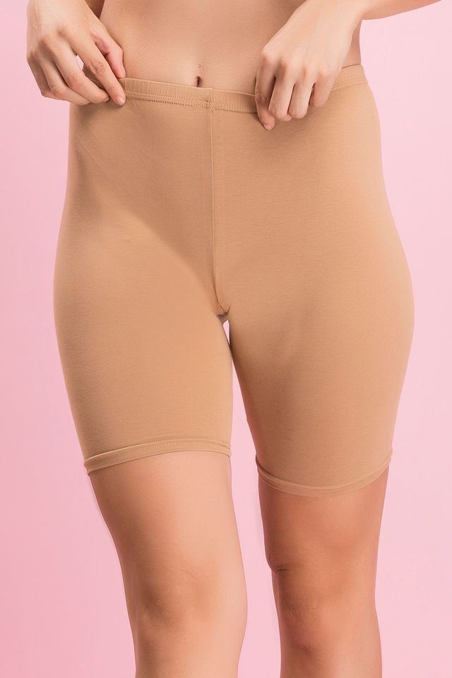 Clovia Women's Solid Cotton and Spandex Cycling Shorts | Nude - XL