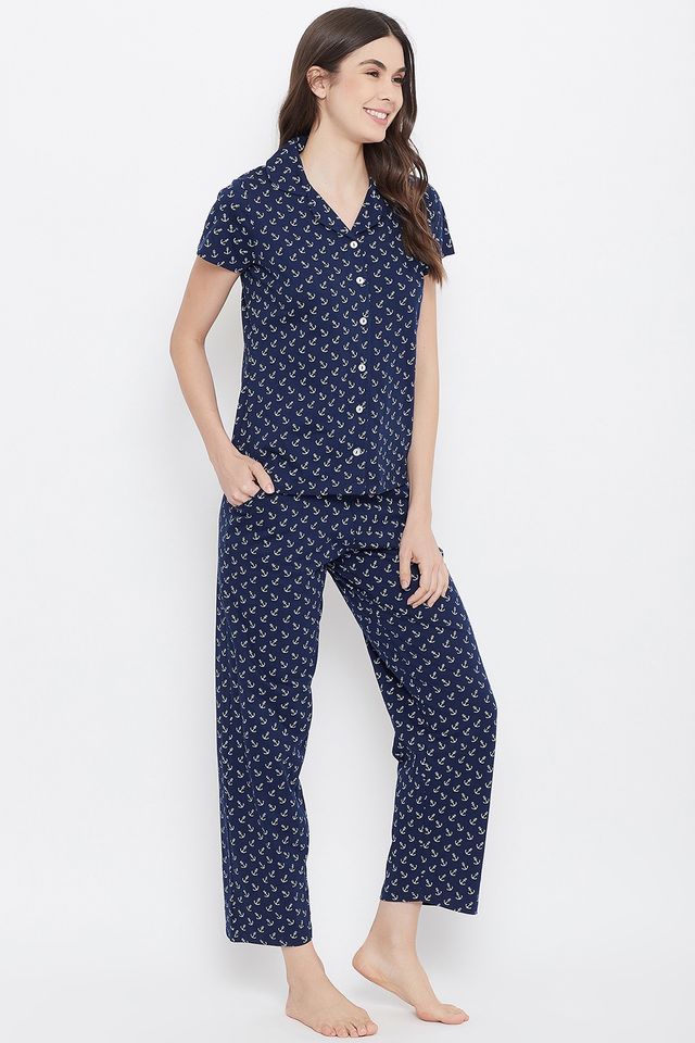 Clovia Women's Anchor Cotton Shirt and Pyjama Set | Blue - L