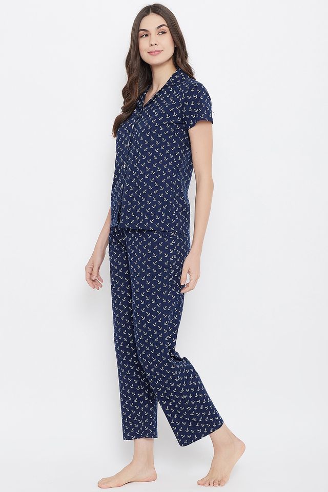 Clovia Women's Anchor Cotton Shirt and Pyjama Set | Blue - L