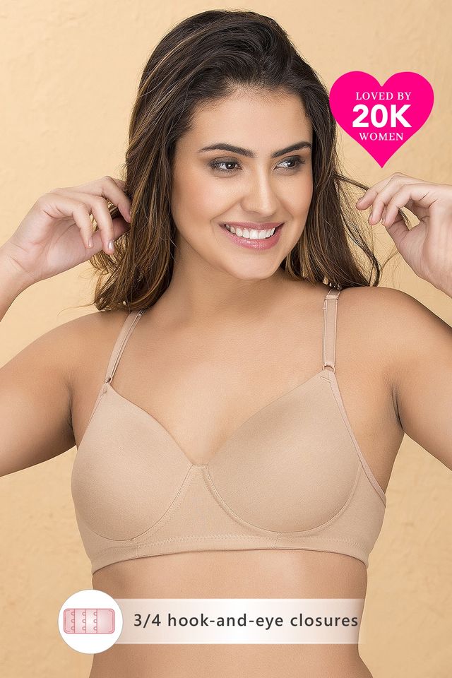 Clovia Padded Non-Wired Full Coverage T-Shirt Bra - Cotton Rich | Beige | 36D