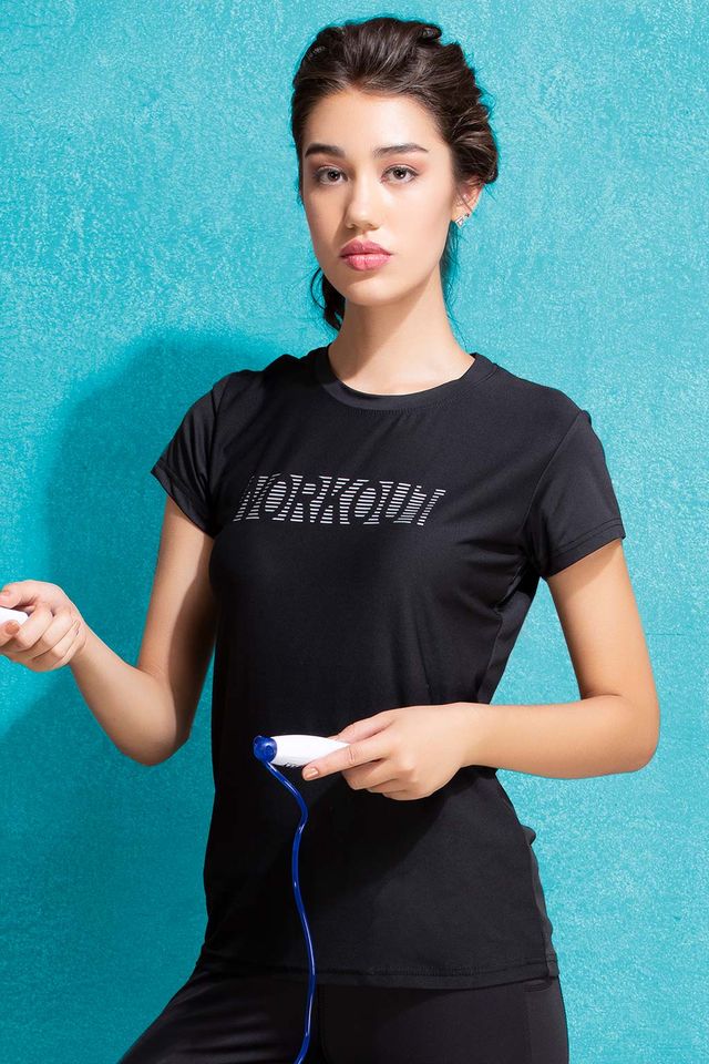Clovia Comfort Fit Active Text Print T-Shirt | Black | XXL