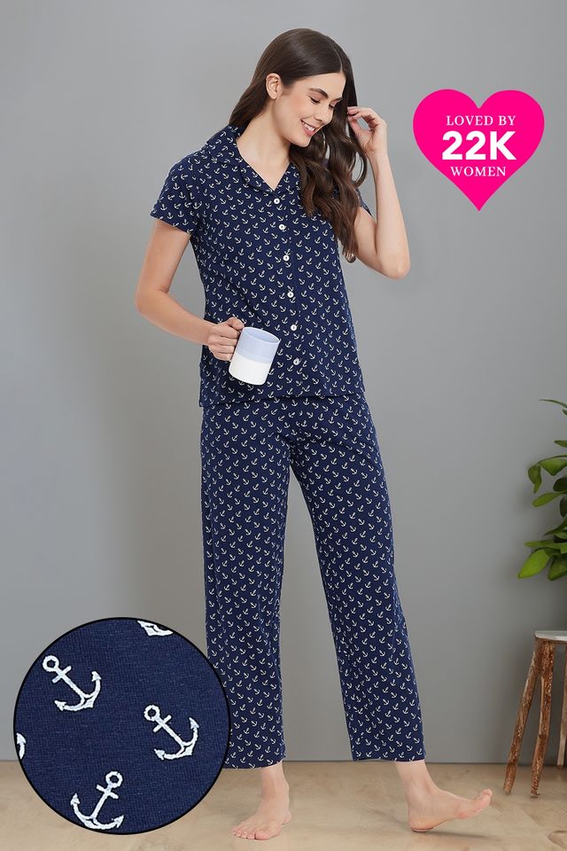 Clovia Women's Anchor Cotton Shirt and Pyjama Set | Blue - L