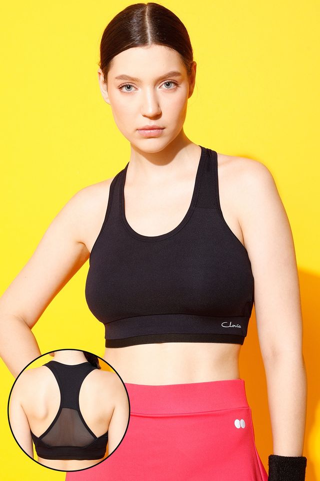 Clovia Medium Impact Padded Sports Bra With Mesh Racerback Design | Black | M