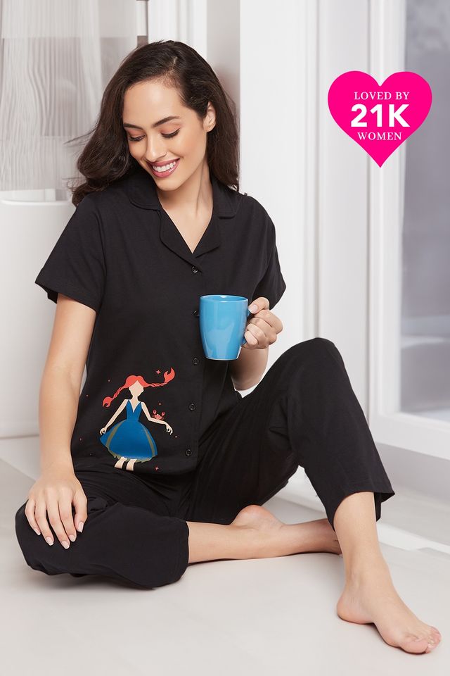 Clovia Cancer Print Button Down Shirt & Pyjama Set - 100% Cotton | Black | M