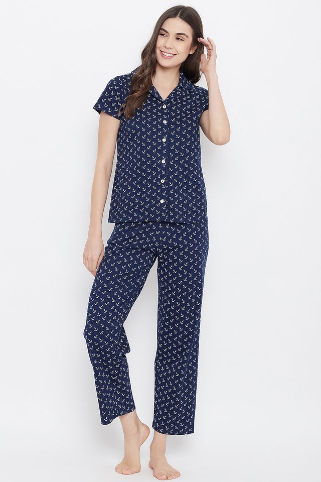 Clovia Women's Anchor Cotton Shirt and Pyjama Set | Blue - L