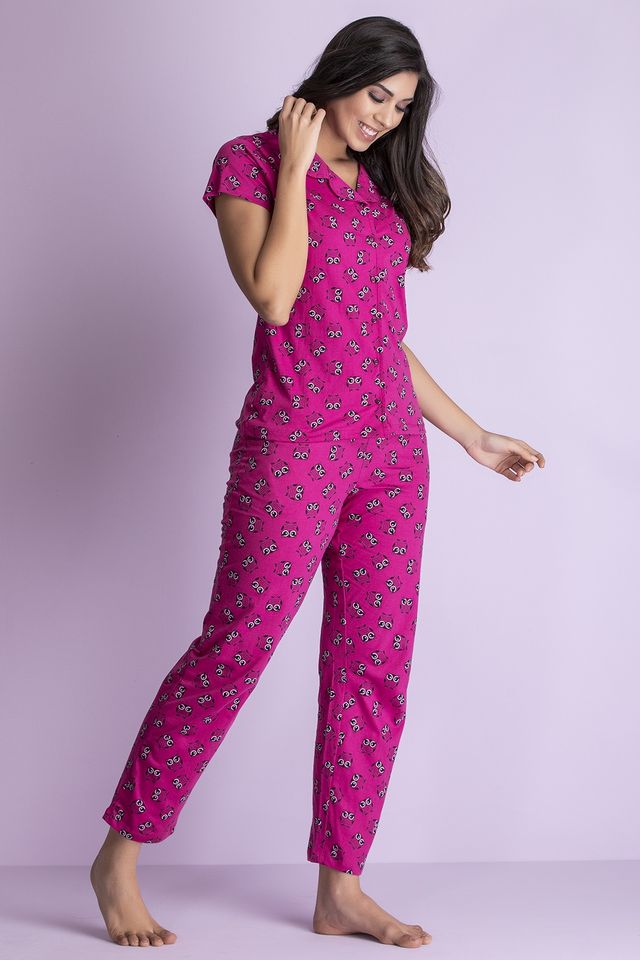 Clovia Women's Animals Cotton Shirt and Pyjama Set | Magenta - M
