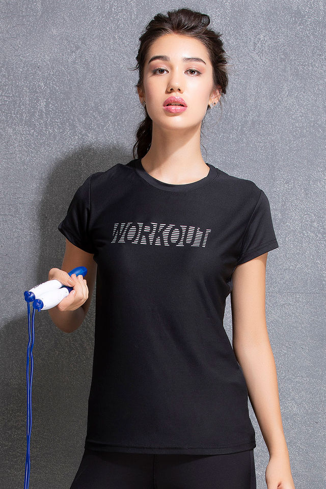 Clovia Comfort Fit Active Text Print T-Shirt | Black | L