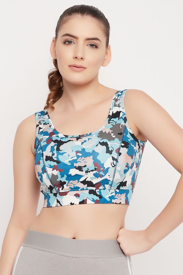 Clovia Medium Impact Padded Camouflage Print Sports Bra | Blue | L
