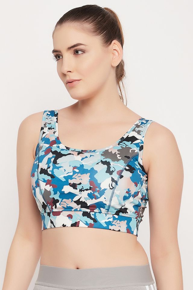 Clovia Medium Impact Padded Camouflage Print Sports Bra | Blue | M